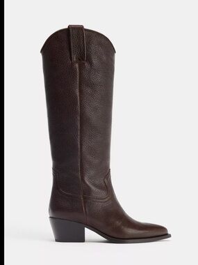 Zara Dark Brown Tall Western Leather Boot - worn 1 time in perfect condition